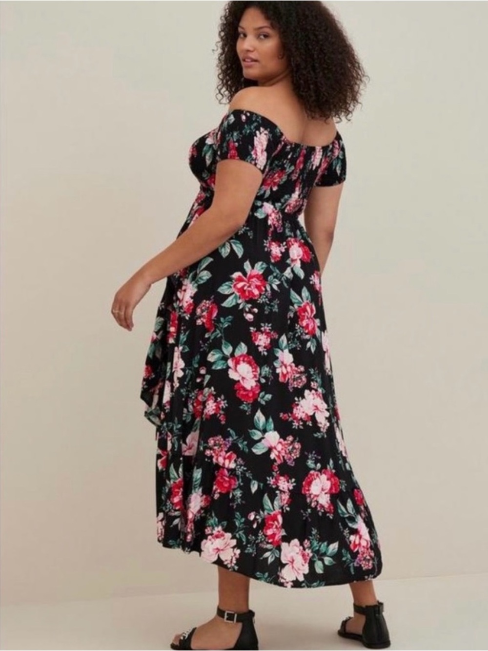 torrid Challis Maxi Dress Hi-Low Black Floral Off-Shoulder Size L (torrid 0)